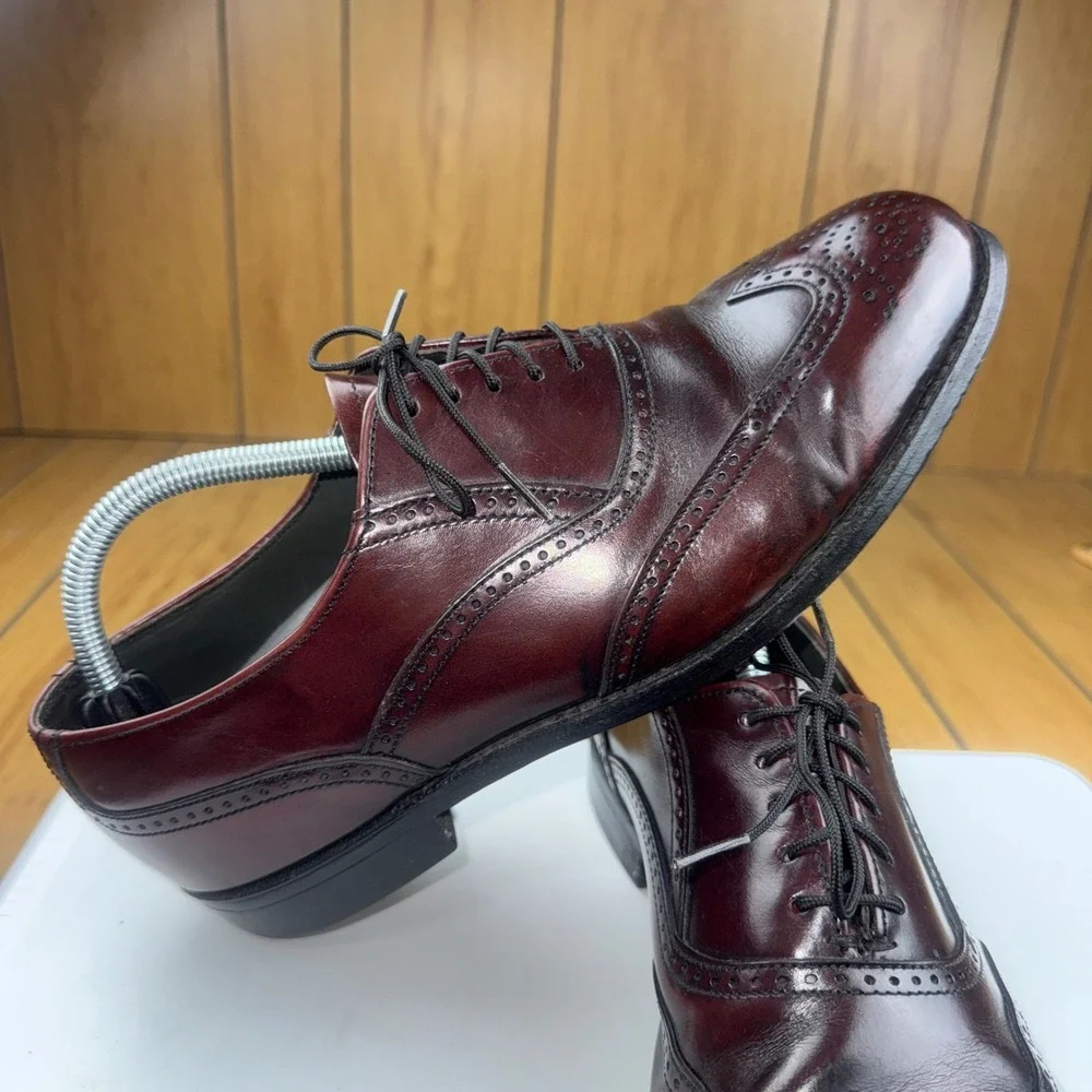 Burgundy Leather Wingtip Oxford Brogue Dress Shoes Mens Lace Up Almond Toe 10